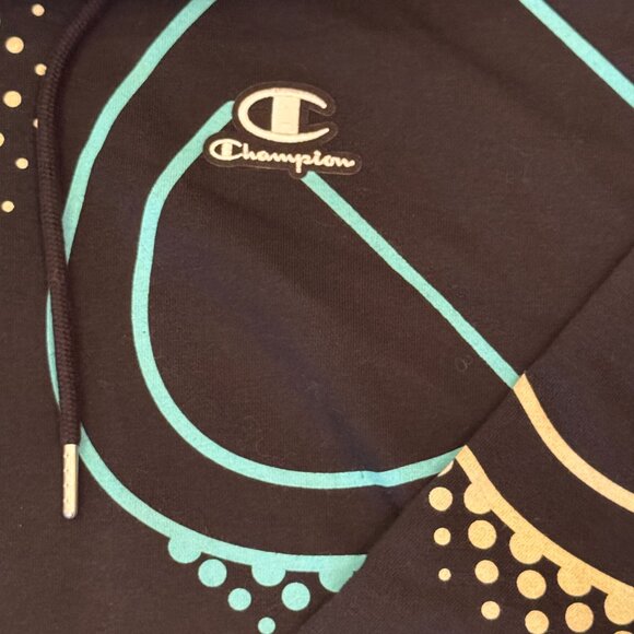 NWOT Champion Classic Fleece Hoodie – Black with Multicolor Graphic Print Size M - Picture 3 of 8